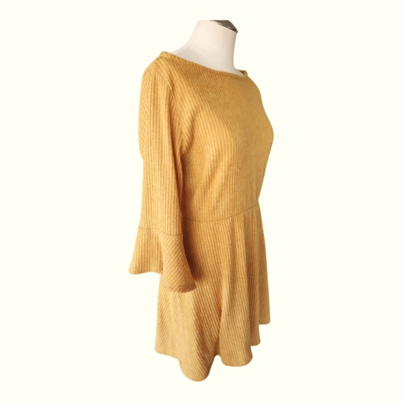Lulus Dresses & Skirts - Lulus Mustard Yellow Flounce Sleeve Skater Dress Fit and Flare Ribbed Knit XL